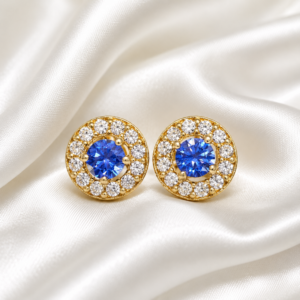 9ct Gold Round Sapphire and Halo Earring.