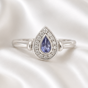 9ct White Gold teardrop Natural Diamond and tanzanite Ring