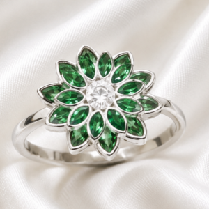 Sterling Silver Emerald Green cubic double petal flower ring
