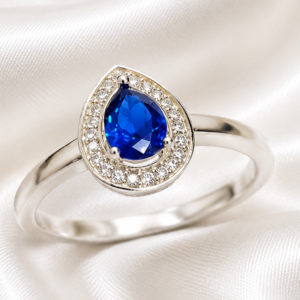 sterling silver sapphire blue colour cubic teardrop halo ring
